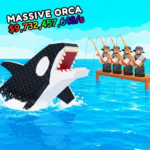 Official Roll a Fisherman icon: a massive orca leaping beside dock fishermen