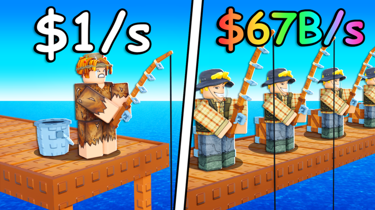 Roll a Fisherman progression from a $1-per-second starter dock to a $67B-per-second crew